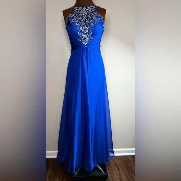 Mac Duggal Sapphire Blue Gown Rhinestone Front Chiffon Overlay Size 2 - Picture 4 of 16